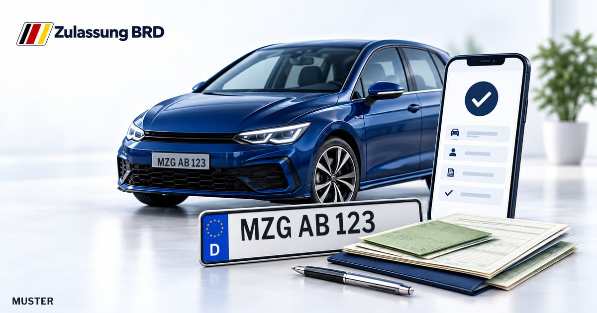 Online Fahrzeugzulassung in Losheim am See: Musterkennzeichen MZG AB 123, Auto und Fahrzeugpapiere und Smartphone. Illustration mit Logo von Zulassung BRD.